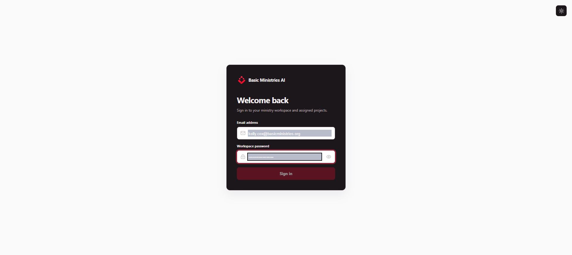 Basic Ministries AI: Workspace sign-in screen, October 2026