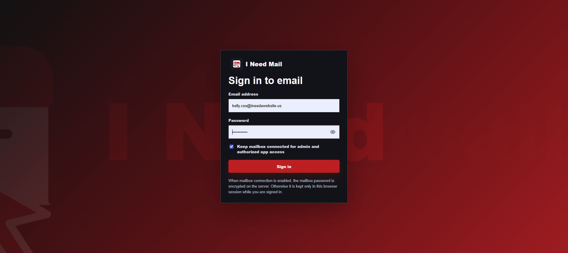 I Need Mail: Webmail sign-in screen, October 2026